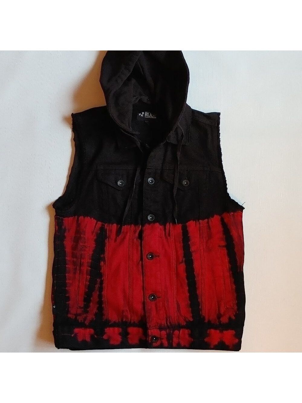 Hot Topic RUDE Denim Vest Two Tone Fire Red Tie Die and Black Hooded Vest
